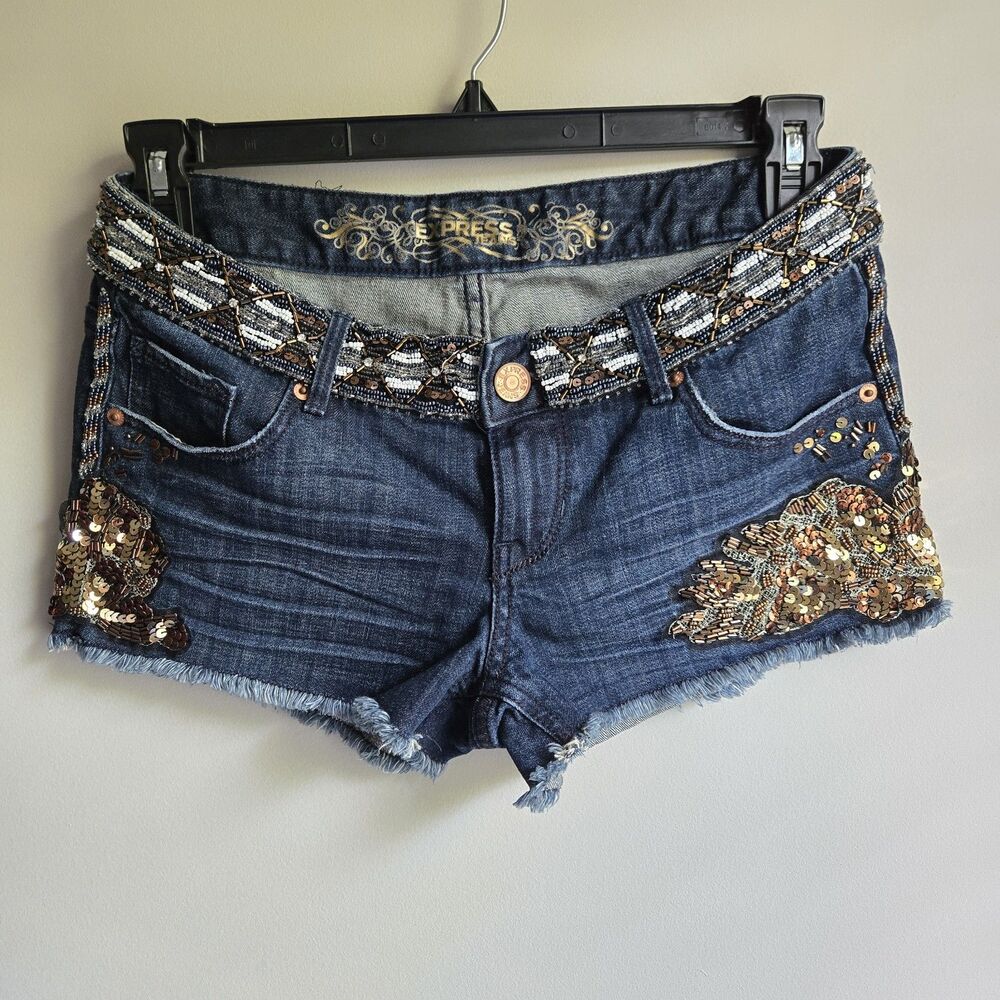Express Jeans Size 2 Sequin Beaded Denim Shorts Dark Wash Raw Hem Low Rise